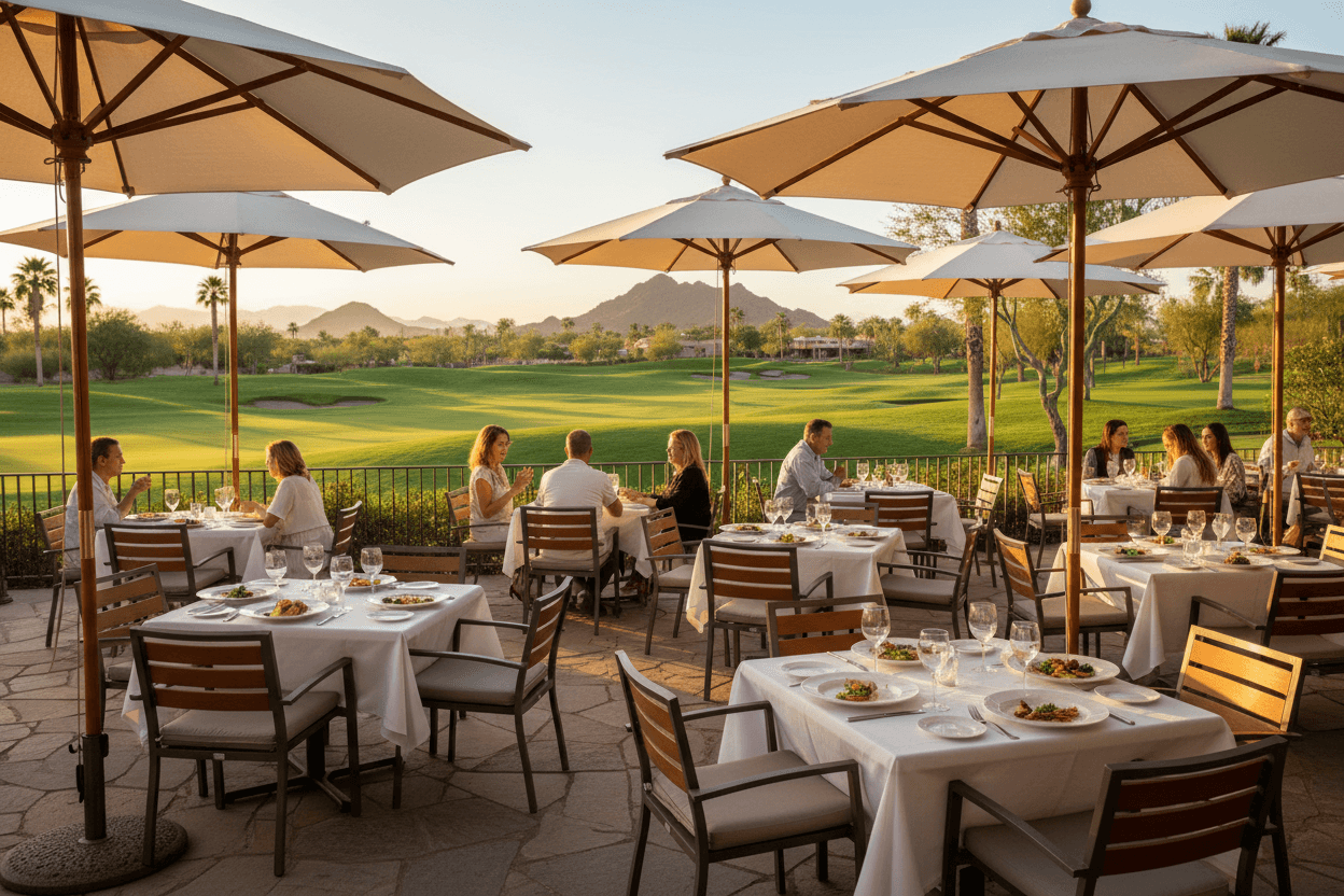 TPC Scottsdale restaurant patio with golf course views
