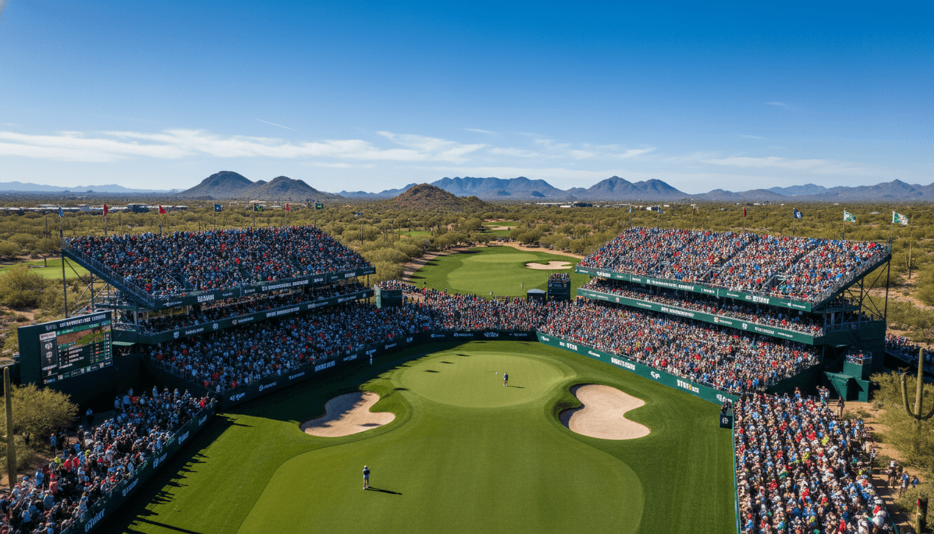 Aerial view of TPC Scottsdale Stadium Course 16th hole during WM Phoenix Open