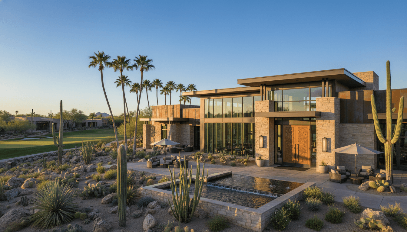 TPC Scottsdale clubhouse exterior with desert landscaping